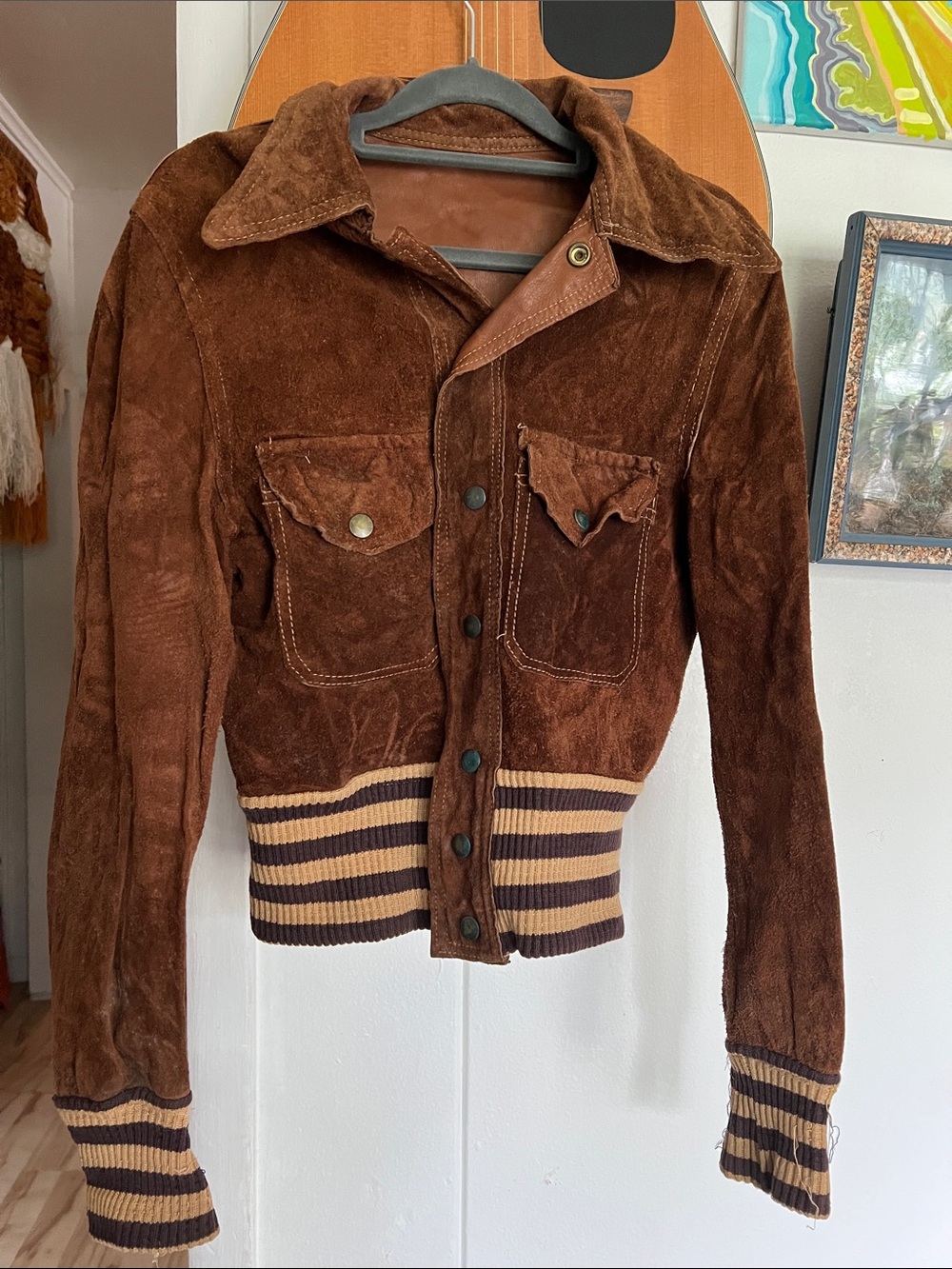 Brown Reversible Leather Suede Bomber Jacket Striped Knit Trim Woman Size Small - Picture 4 of 12